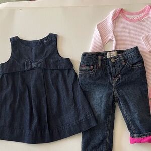 Baby Gap fleece lined Jeans & Denim dress; Place Onesie LOT of Girls  3-6 months